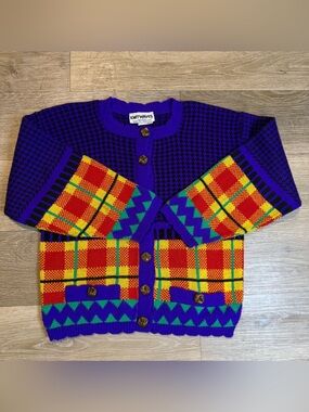 VTG Knit Waves Colorblock Cardigan Sweater M Plaid GeometricRetro made in USA